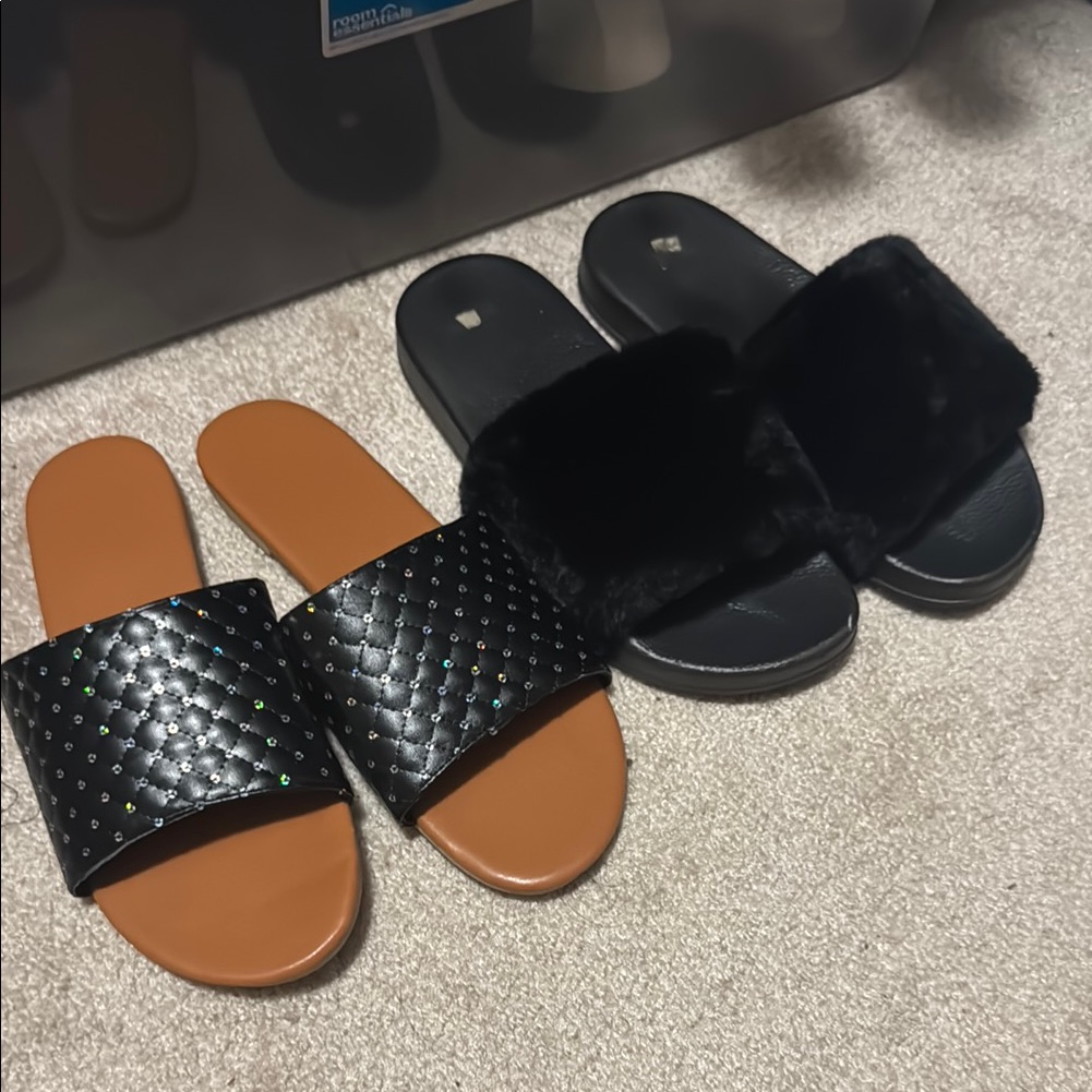 Studded Black Slides And Furry Black Slides